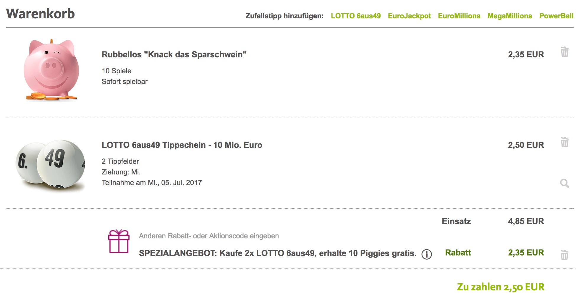 2 Tippreihen Lotto 6 aus 49 + 10 Rubbellose Knack das Sparschwein